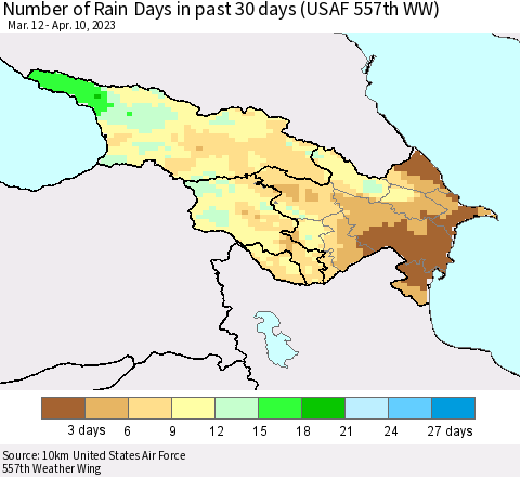 Azerbaijan, Armenia and Georgia Number of Rain Days in past 30 days (USAF 557th WW) 04/10/2023 Thematic Map For 4/6/2023 - 4/10/2023