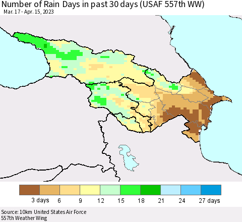 Azerbaijan, Armenia and Georgia Number of Rain Days in past 30 days (USAF 557th WW) 04/15/2023 Thematic Map For 4/11/2023 - 4/15/2023