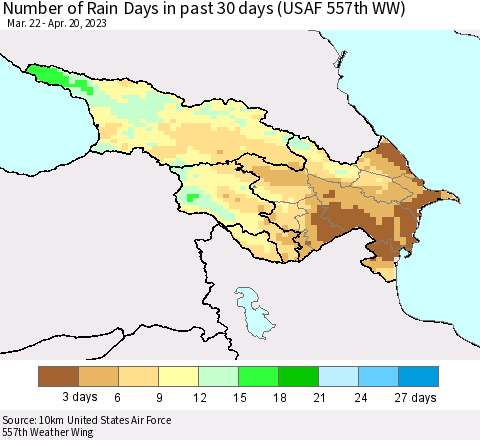 Azerbaijan, Armenia and Georgia Number of Rain Days in past 30 days (USAF 557th WW) 04/20/2023 Thematic Map For 4/16/2023 - 4/20/2023