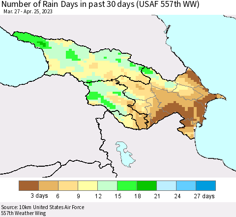 Azerbaijan, Armenia and Georgia Number of Rain Days in past 30 days (USAF 557th WW) 04/25/2023 Thematic Map For 4/21/2023 - 4/25/2023