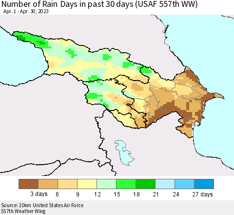 Azerbaijan, Armenia and Georgia Number of Rain Days in past 30 days (USAF 557th WW) 04/30/2023 Thematic Map For 4/26/2023 - 4/30/2023