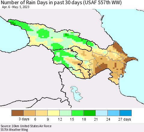 Azerbaijan, Armenia and Georgia Number of Rain Days in past 30 days (USAF 557th WW) 05/05/2023 Thematic Map For 5/1/2023 - 5/5/2023