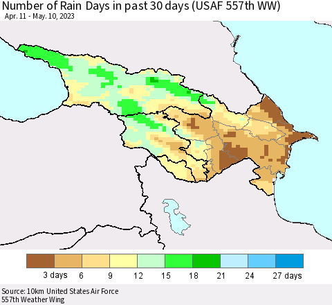 Azerbaijan, Armenia and Georgia Number of Rain Days in past 30 days (USAF 557th WW) 05/10/2023 Thematic Map For 5/6/2023 - 5/10/2023