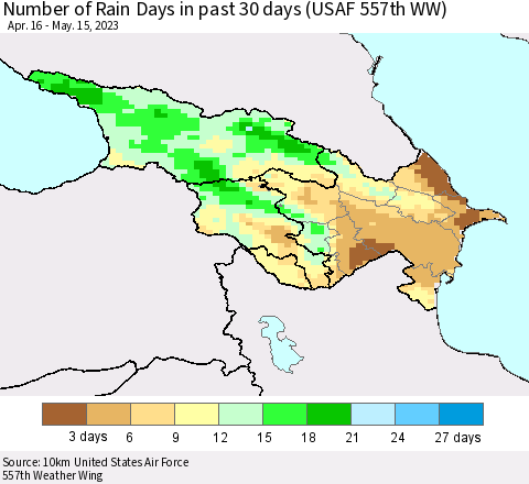 Azerbaijan, Armenia and Georgia Number of Rain Days in past 30 days (USAF 557th WW) 05/15/2023 Thematic Map For 5/11/2023 - 5/15/2023