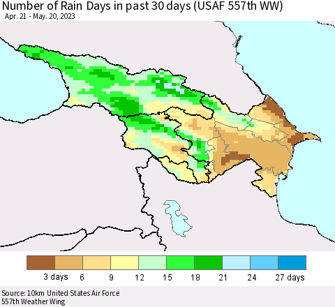 Azerbaijan, Armenia and Georgia Number of Rain Days in past 30 days (USAF 557th WW) 05/20/2023 Thematic Map For 5/16/2023 - 5/20/2023