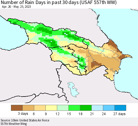 Azerbaijan, Armenia and Georgia Number of Rain Days in past 30 days (USAF 557th WW) 05/25/2023 Thematic Map For 5/21/2023 - 5/25/2023