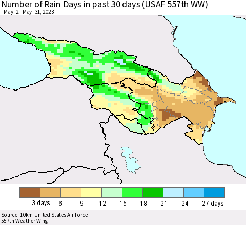 Azerbaijan, Armenia and Georgia Number of Rain Days in past 30 days (USAF 557th WW) 05/31/2023 Thematic Map For 5/26/2023 - 5/31/2023