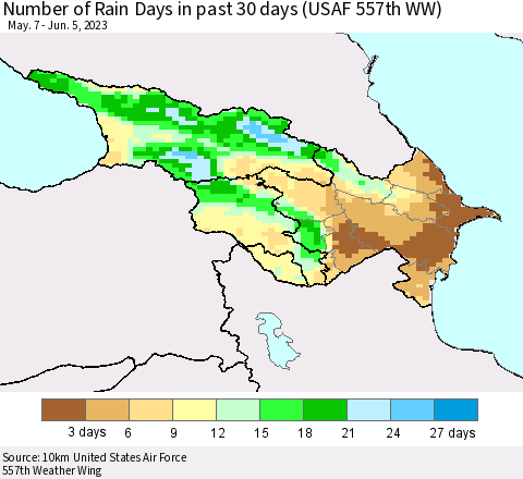 Azerbaijan, Armenia and Georgia Number of Rain Days in past 30 days (USAF 557th WW) 06/05/2023 Thematic Map For 6/1/2023 - 6/5/2023