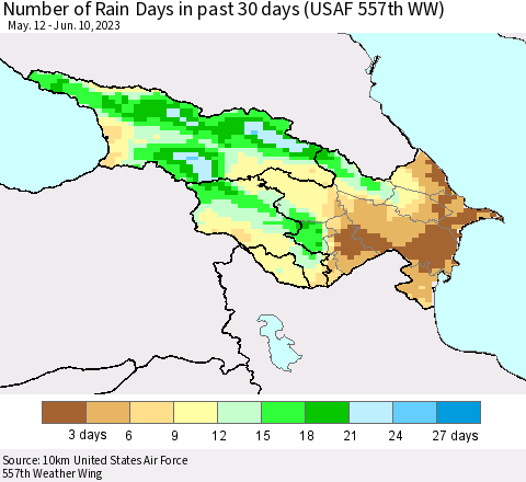 Azerbaijan, Armenia and Georgia Number of Rain Days in past 30 days (USAF 557th WW) 06/10/2023 Thematic Map For 6/6/2023 - 6/10/2023