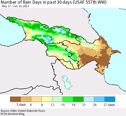 Azerbaijan, Armenia and Georgia Number of Rain Days in past 30 days (USAF 557th WW) 06/15/2023 Thematic Map For 6/11/2023 - 6/15/2023