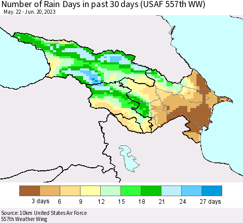 Azerbaijan, Armenia and Georgia Number of Rain Days in past 30 days (USAF 557th WW) 06/20/2023 Thematic Map For 6/16/2023 - 6/20/2023