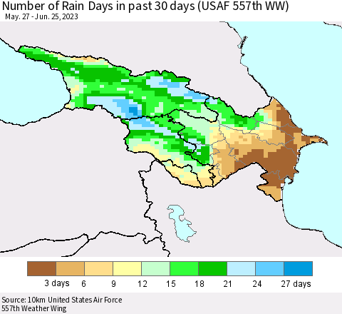 Azerbaijan, Armenia and Georgia Number of Rain Days in past 30 days (USAF 557th WW) 06/25/2023 Thematic Map For 6/21/2023 - 6/25/2023