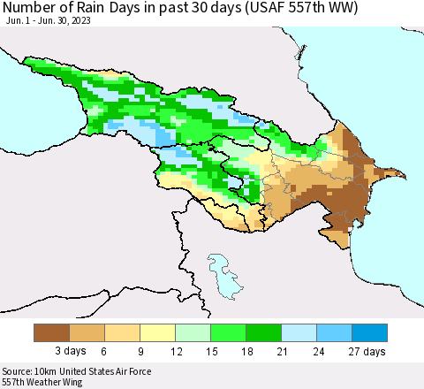 Azerbaijan, Armenia and Georgia Number of Rain Days in past 30 days (USAF 557th WW) 06/30/2023 Thematic Map For 6/26/2023 - 6/30/2023