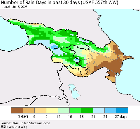 Azerbaijan, Armenia and Georgia Number of Rain Days in past 30 days (USAF 557th WW) 07/05/2023 Thematic Map For 7/1/2023 - 7/5/2023