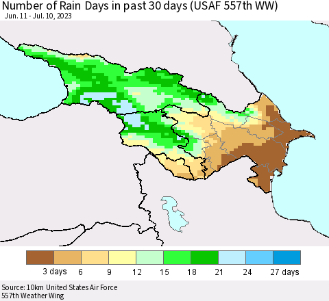 Azerbaijan, Armenia and Georgia Number of Rain Days in past 30 days (USAF 557th WW) 07/10/2023 Thematic Map For 7/6/2023 - 7/10/2023