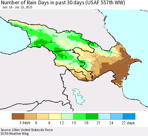 Azerbaijan, Armenia and Georgia Number of Rain Days in past 30 days (USAF 557th WW) 07/15/2023 Thematic Map For 7/11/2023 - 7/15/2023