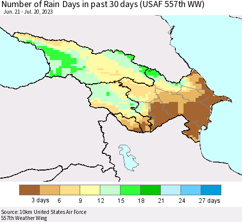 Azerbaijan, Armenia and Georgia Number of Rain Days in past 30 days (USAF 557th WW) 07/20/2023 Thematic Map For 7/16/2023 - 7/20/2023