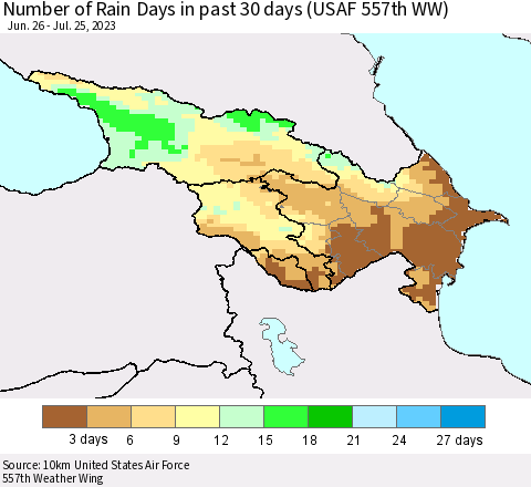 Azerbaijan, Armenia and Georgia Number of Rain Days in past 30 days (USAF 557th WW) 07/25/2023 Thematic Map For 7/21/2023 - 7/25/2023