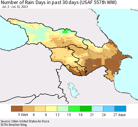 Azerbaijan, Armenia and Georgia Number of Rain Days in past 30 days (USAF 557th WW) 07/31/2023 Thematic Map For 7/26/2023 - 7/31/2023