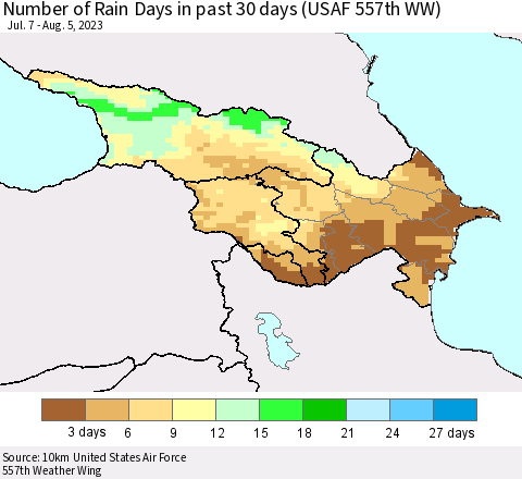 Azerbaijan, Armenia and Georgia Number of Rain Days in past 30 days (USAF 557th WW) 08/05/2023 Thematic Map For 8/1/2023 - 8/5/2023
