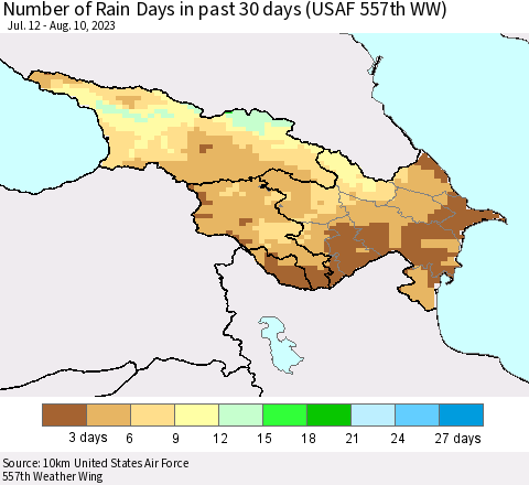 Azerbaijan, Armenia and Georgia Number of Rain Days in past 30 days (USAF 557th WW) 08/10/2023 Thematic Map For 8/6/2023 - 8/10/2023