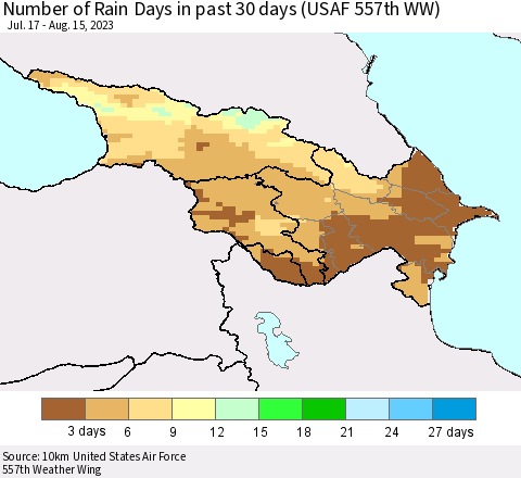Azerbaijan, Armenia and Georgia Number of Rain Days in past 30 days (USAF 557th WW) 08/15/2023 Thematic Map For 8/11/2023 - 8/15/2023