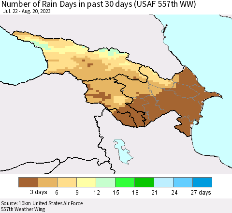 Azerbaijan, Armenia and Georgia Number of Rain Days in past 30 days (USAF 557th WW) 08/20/2023 Thematic Map For 8/16/2023 - 8/20/2023