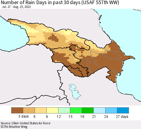 Azerbaijan, Armenia and Georgia Number of Rain Days in past 30 days (USAF 557th WW) 08/25/2023 Thematic Map For 8/21/2023 - 8/25/2023