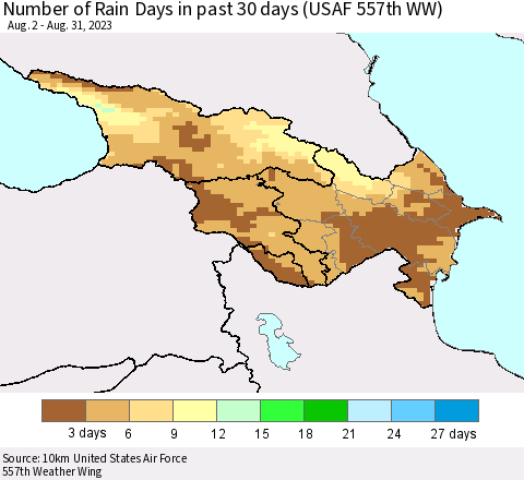 Azerbaijan, Armenia and Georgia Number of Rain Days in past 30 days (USAF 557th WW) 08/31/2023 Thematic Map For 8/26/2023 - 8/31/2023