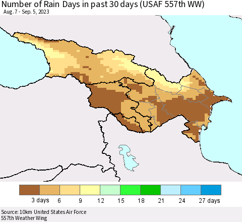 Azerbaijan, Armenia and Georgia Number of Rain Days in past 30 days (USAF 557th WW) 09/05/2023 Thematic Map For 9/1/2023 - 9/5/2023