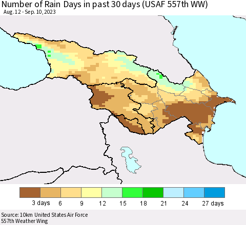 Azerbaijan, Armenia and Georgia Number of Rain Days in past 30 days (USAF 557th WW) 09/10/2023 Thematic Map For 9/6/2023 - 9/10/2023