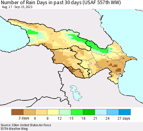 Azerbaijan, Armenia and Georgia Number of Rain Days in past 30 days (USAF 557th WW) 09/15/2023 Thematic Map For 9/11/2023 - 9/15/2023