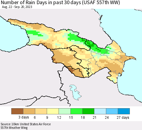 Azerbaijan, Armenia and Georgia Number of Rain Days in past 30 days (USAF 557th WW) 09/20/2023 Thematic Map For 9/16/2023 - 9/20/2023