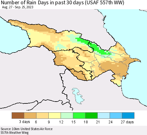Azerbaijan, Armenia and Georgia Number of Rain Days in past 30 days (USAF 557th WW) 09/25/2023 Thematic Map For 9/21/2023 - 9/25/2023