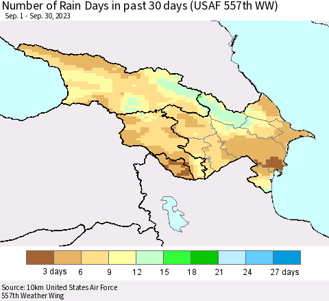 Azerbaijan, Armenia and Georgia Number of Rain Days in past 30 days (USAF 557th WW) 09/30/2023 Thematic Map For 9/26/2023 - 9/30/2023