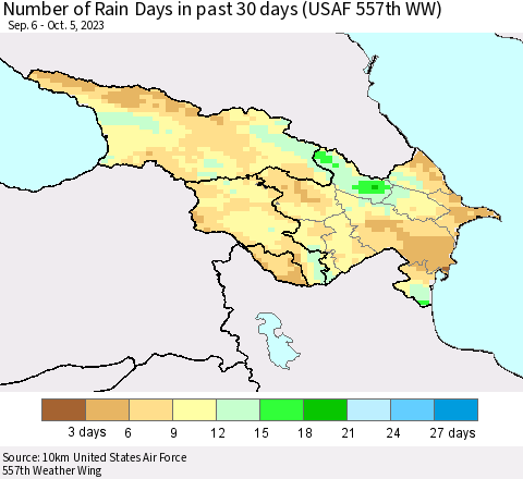 Azerbaijan, Armenia and Georgia Number of Rain Days in past 30 days (USAF 557th WW) 10/05/2023 Thematic Map For 10/1/2023 - 10/5/2023