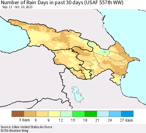 Azerbaijan, Armenia and Georgia Number of Rain Days in past 30 days (USAF 557th WW) 10/10/2023 Thematic Map For 10/6/2023 - 10/10/2023