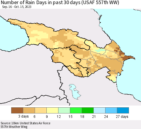 Azerbaijan, Armenia and Georgia Number of Rain Days in past 30 days (USAF 557th WW) 10/15/2023 Thematic Map For 10/11/2023 - 10/15/2023