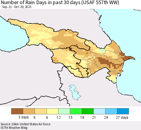 Azerbaijan, Armenia and Georgia Number of Rain Days in past 30 days (USAF 557th WW) 10/20/2023 Thematic Map For 10/16/2023 - 10/20/2023