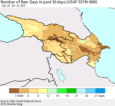 Azerbaijan, Armenia and Georgia Number of Rain Days in past 30 days (USAF 557th WW) 10/25/2023 Thematic Map For 10/21/2023 - 10/25/2023