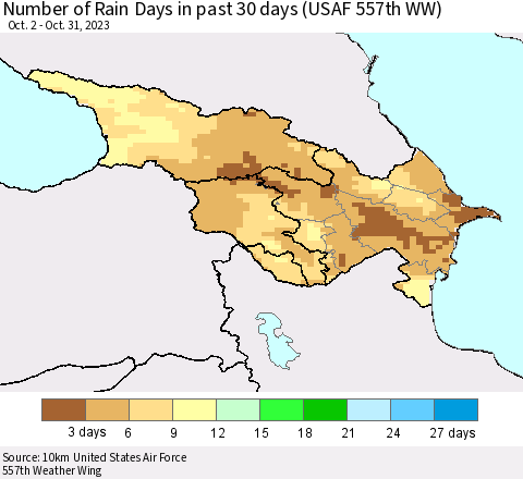 Azerbaijan, Armenia and Georgia Number of Rain Days in past 30 days (USAF 557th WW) 10/31/2023 Thematic Map For 10/26/2023 - 10/31/2023