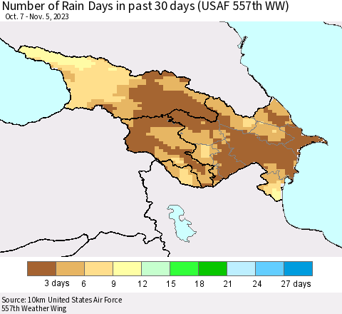 Azerbaijan, Armenia and Georgia Number of Rain Days in past 30 days (USAF 557th WW) 11/05/2023 Thematic Map For 11/1/2023 - 11/5/2023