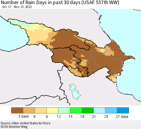 Azerbaijan, Armenia and Georgia Number of Rain Days in past 30 days (USAF 557th WW) 11/15/2023 Thematic Map For 11/11/2023 - 11/15/2023