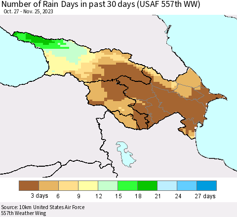 Azerbaijan, Armenia and Georgia Number of Rain Days in past 30 days (USAF 557th WW) 11/25/2023 Thematic Map For 11/21/2023 - 11/25/2023