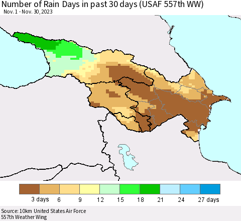 Azerbaijan, Armenia and Georgia Number of Rain Days in past 30 days (USAF 557th WW) 11/30/2023 Thematic Map For 11/26/2023 - 11/30/2023
