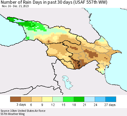 Azerbaijan, Armenia and Georgia Number of Rain Days in past 30 days (USAF 557th WW) 12/15/2023 Thematic Map For 12/11/2023 - 12/15/2023