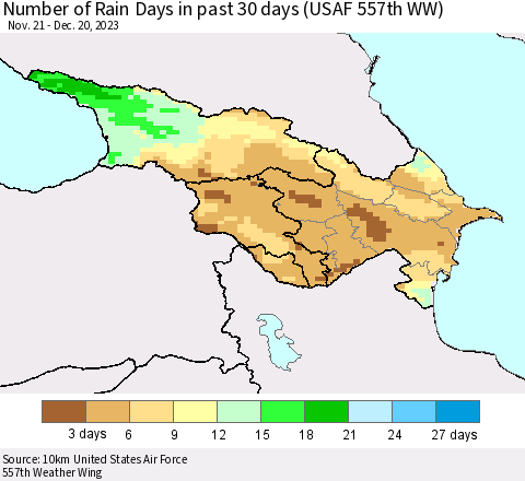 Azerbaijan, Armenia and Georgia Number of Rain Days in past 30 days (USAF 557th WW) 12/20/2023 Thematic Map For 12/16/2023 - 12/20/2023
