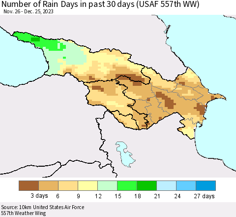 Azerbaijan, Armenia and Georgia Number of Rain Days in past 30 days (USAF 557th WW) 12/25/2023 Thematic Map For 12/21/2023 - 12/25/2023