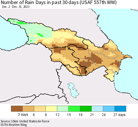 Azerbaijan, Armenia and Georgia Number of Rain Days in past 30 days (USAF 557th WW) 12/31/2023 Thematic Map For 12/26/2023 - 12/31/2023