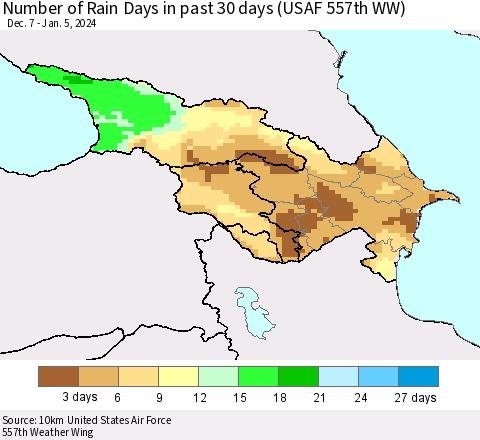 Azerbaijan, Armenia and Georgia Number of Rain Days in past 30 days (USAF 557th WW) 01/05/2024 Thematic Map For 1/1/2024 - 1/5/2024